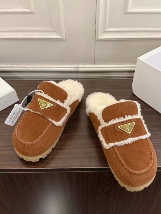 Prada​​​​​​ Shoes - Prada Shearling Suede Lug Sole Mules